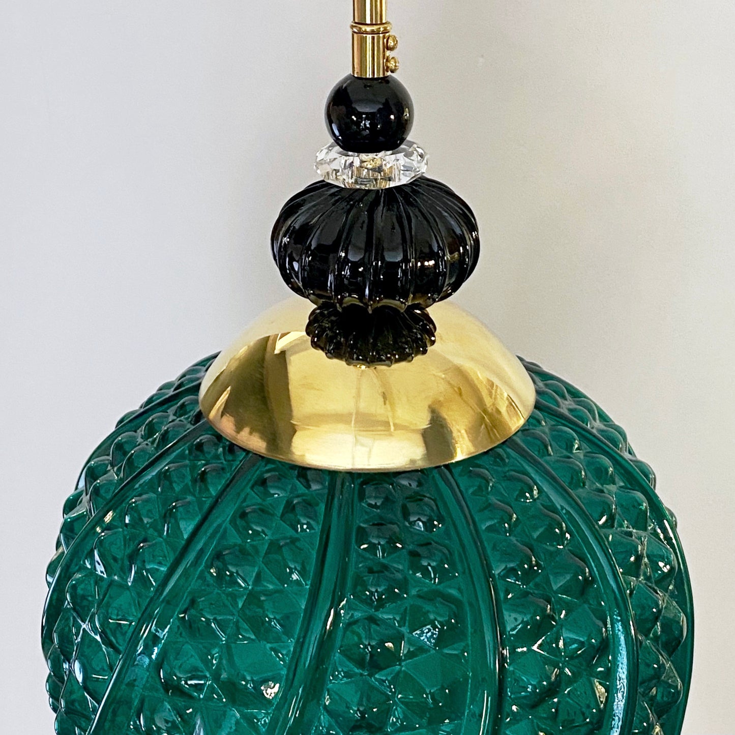 Bespoke Italian Oval Black Crystal Green Murano Glass Brass Egg Pendant Light
