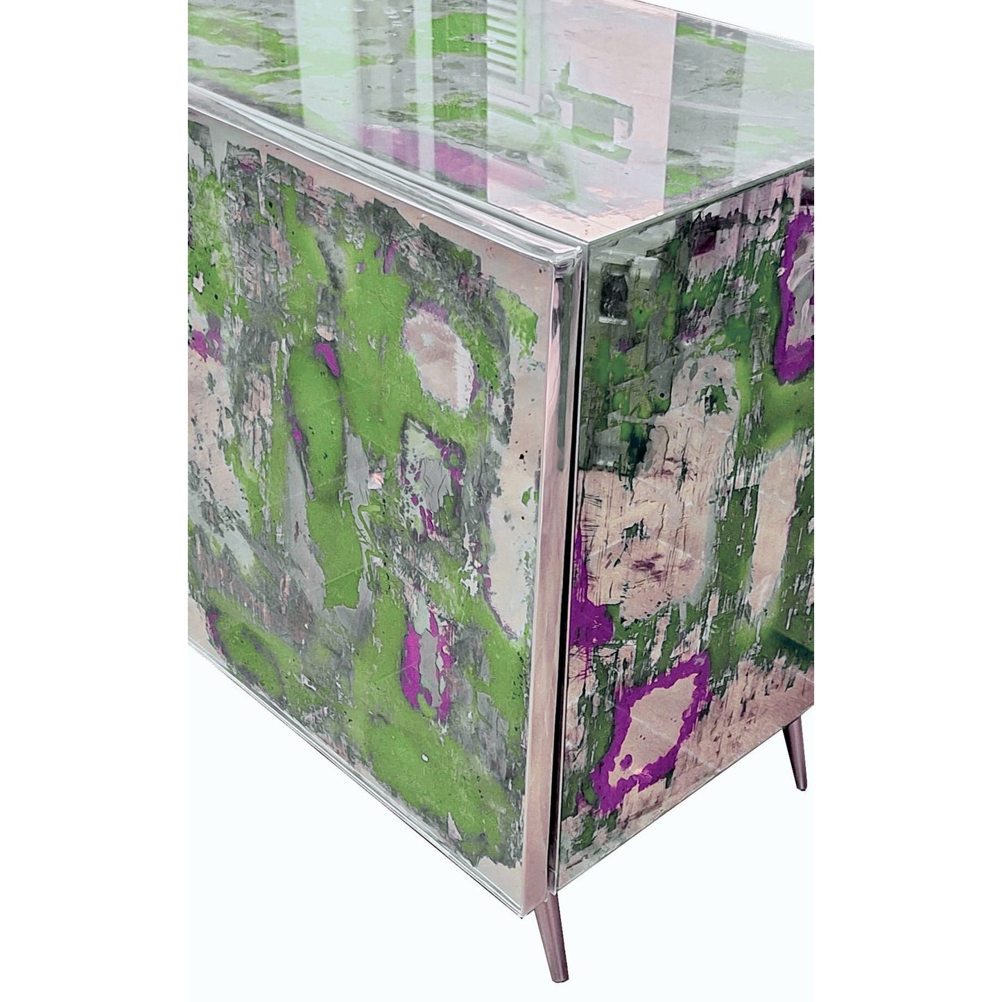 Italian Post Modern Abstract Art Green Purple Steel Mirrored Cabinet