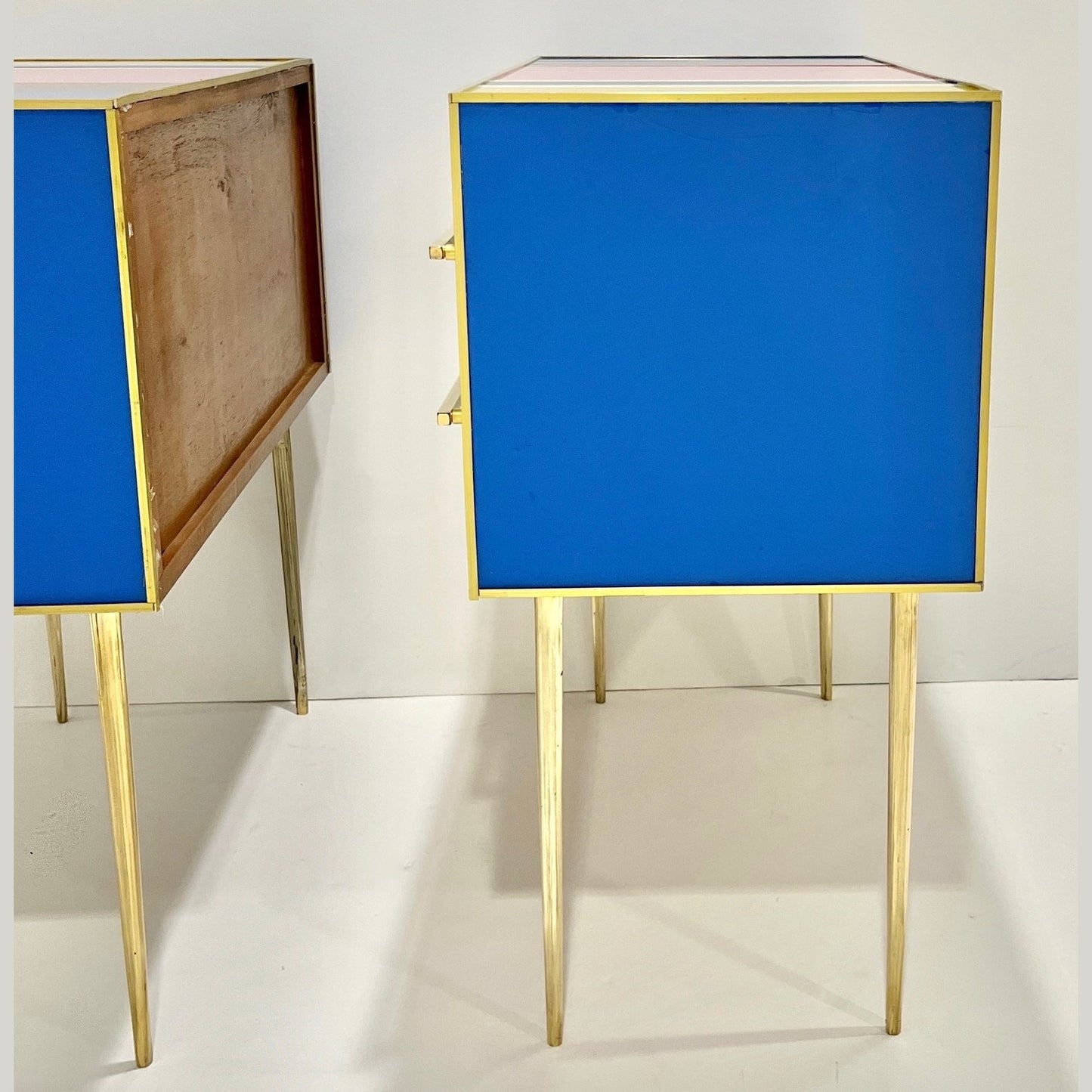 Bespoke Italian Pair of Mondrian Style Blue Green Yellow Chests / End Tables