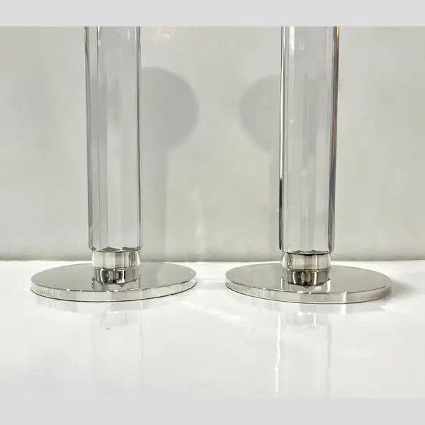 1970s Mid Century Modern French Pair of Crystal & Chrome Faceted Candle Holders