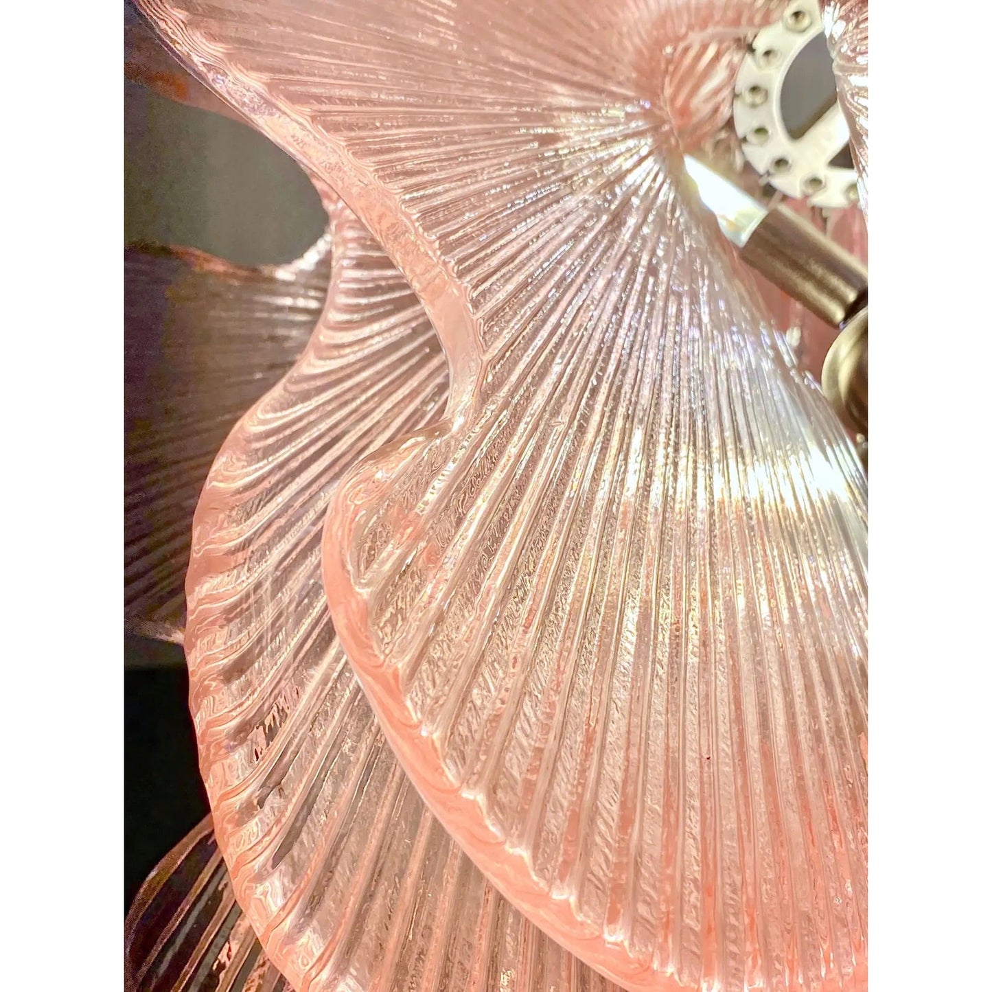 Modern Italian Wavy Pink Textured Murano Glass Satin Nickel Pendant/Chandelier