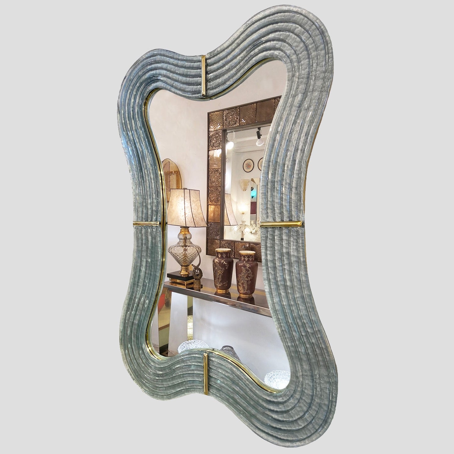 Contemporary Italian Pearl Gray Blue Murano Glass Curved Mirror & Brass Accents