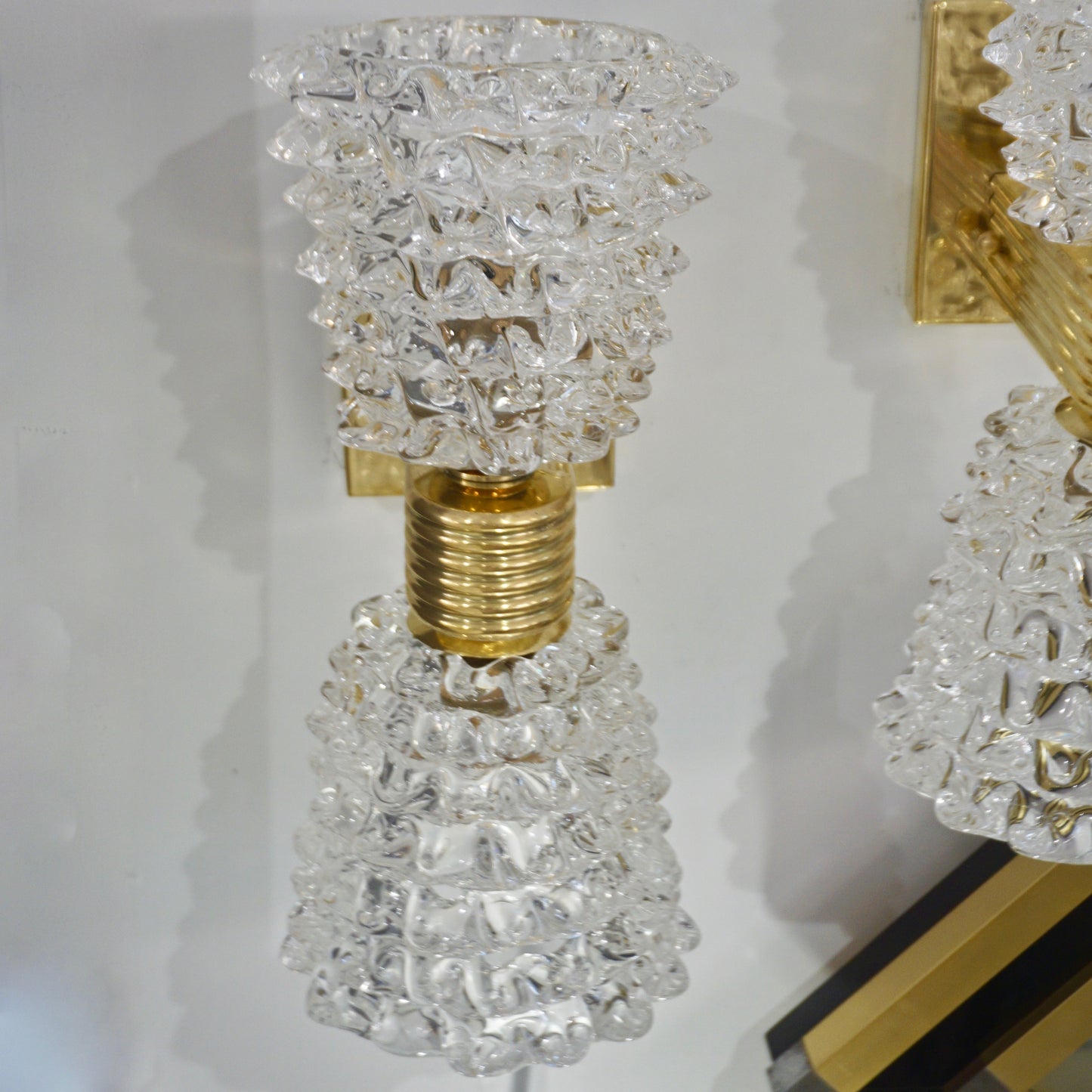 Contemporary Italian Rostrato Crystal Murano Glass & Brass Double-Lit Sconce
