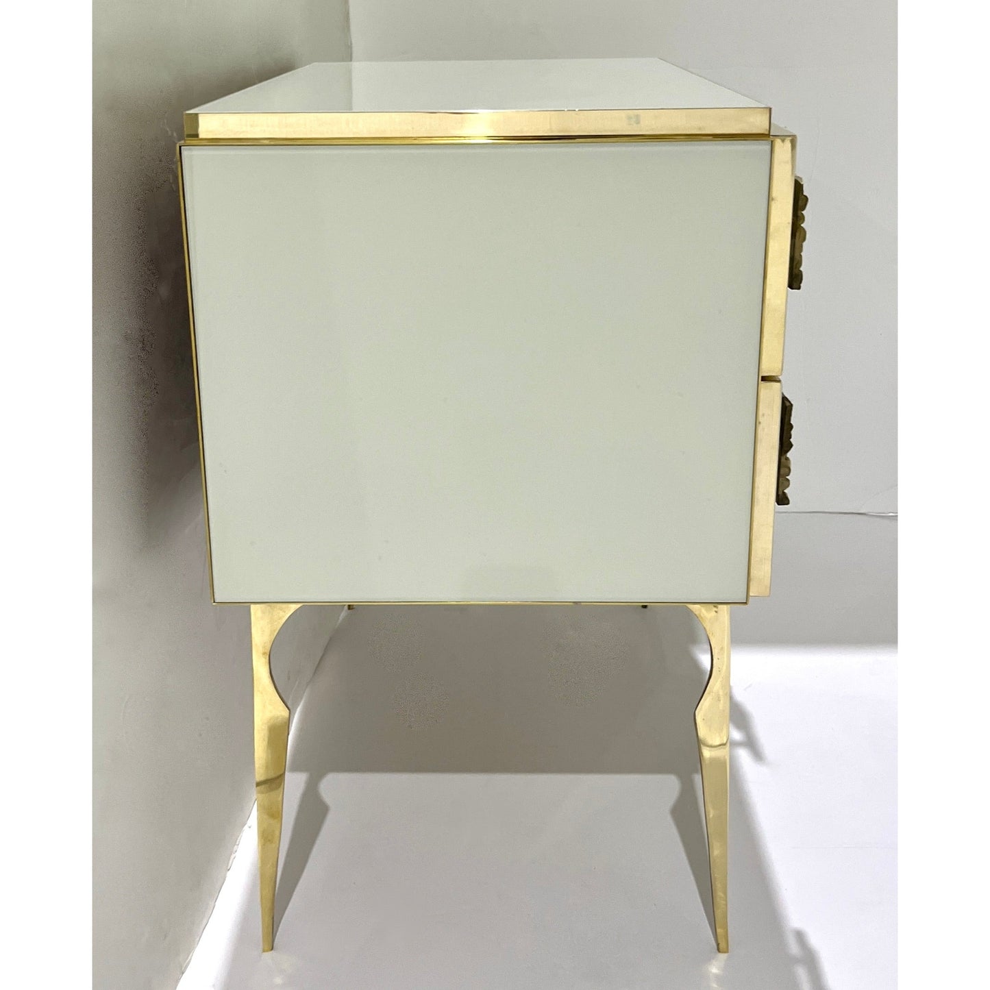 Italian Art Deco Design Modern Cream White Glass 2-Drawer Brass Nightstand/Chest