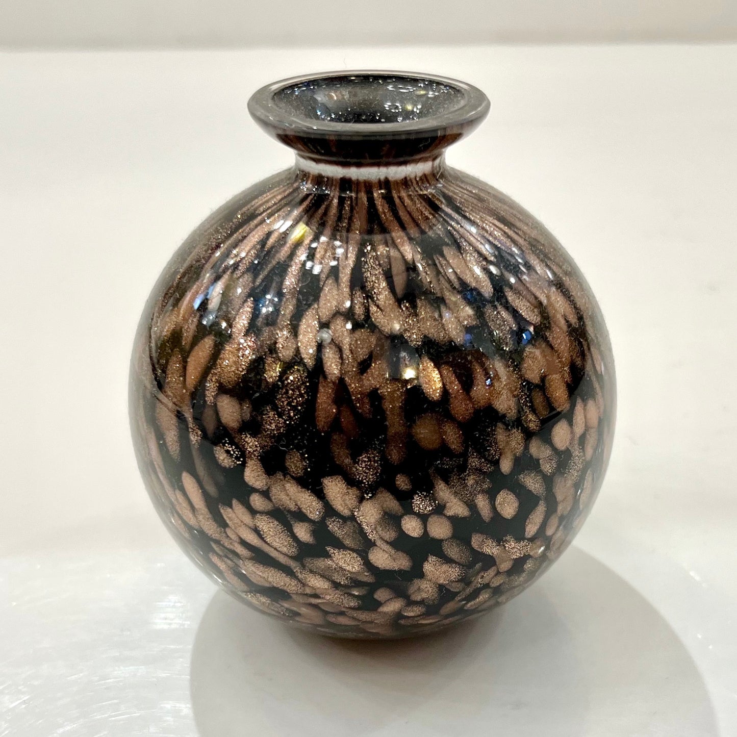 1991 Italian Murano Art Glass Black Copper Sommerso Single Flower Round Vase