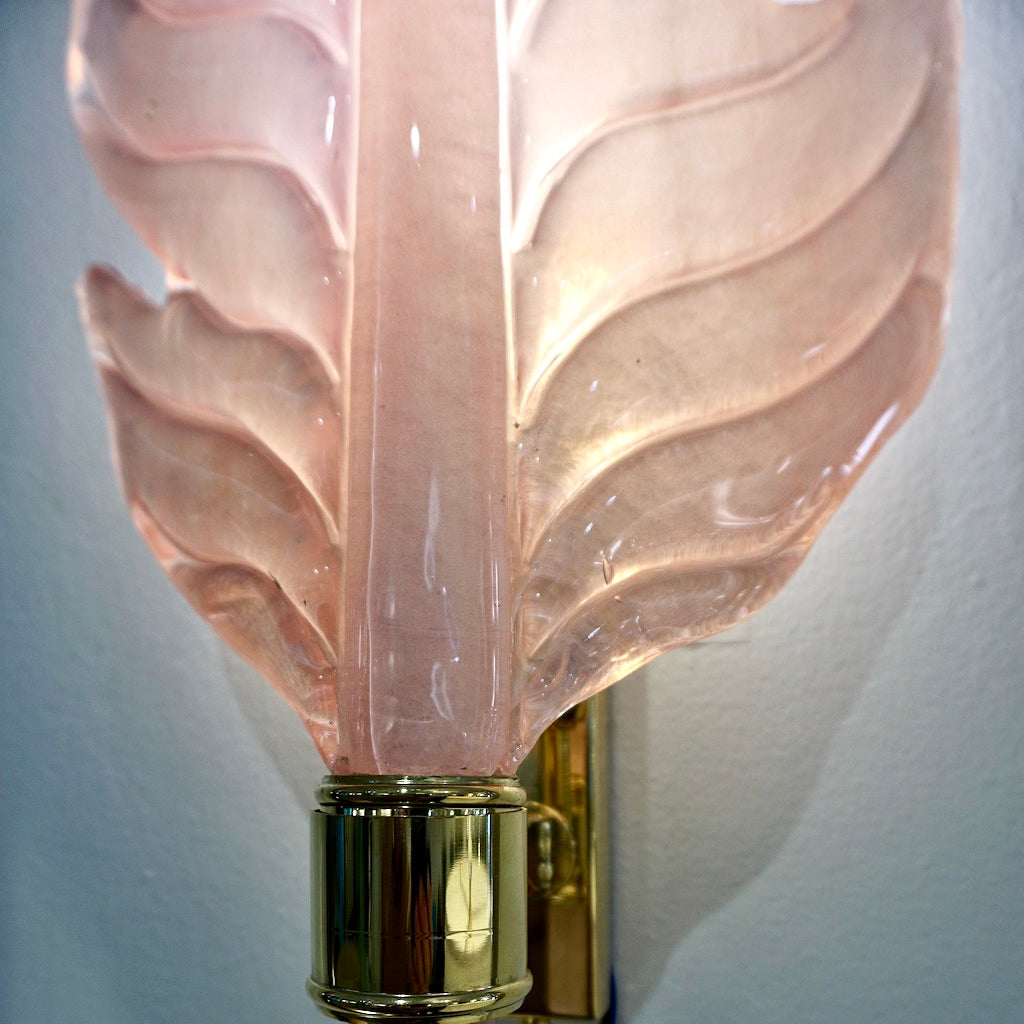 Contemporary Italian Art Deco Pink Murano Glass & Brass Feather Leaf Wall Light