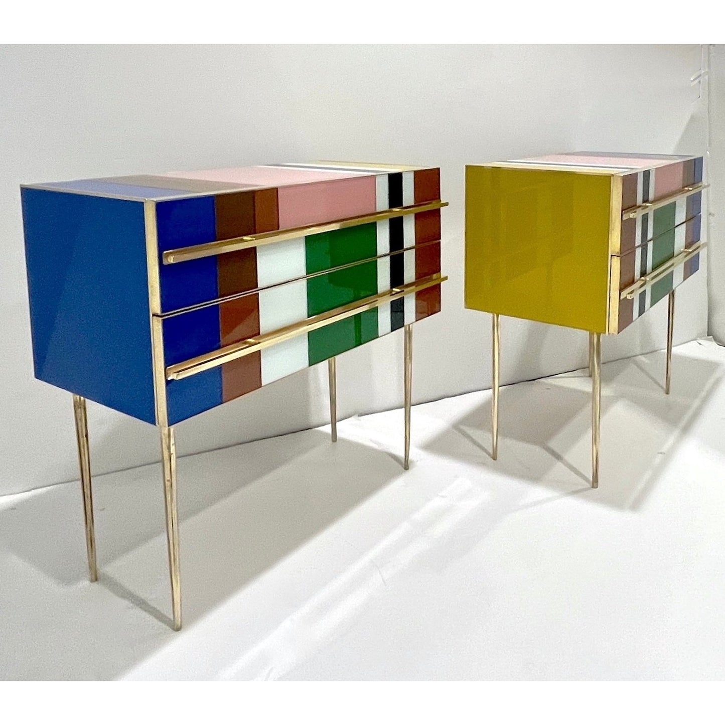 Bespoke Italian Pair of Mondrian Style Blue Green Yellow Chests / End Tables