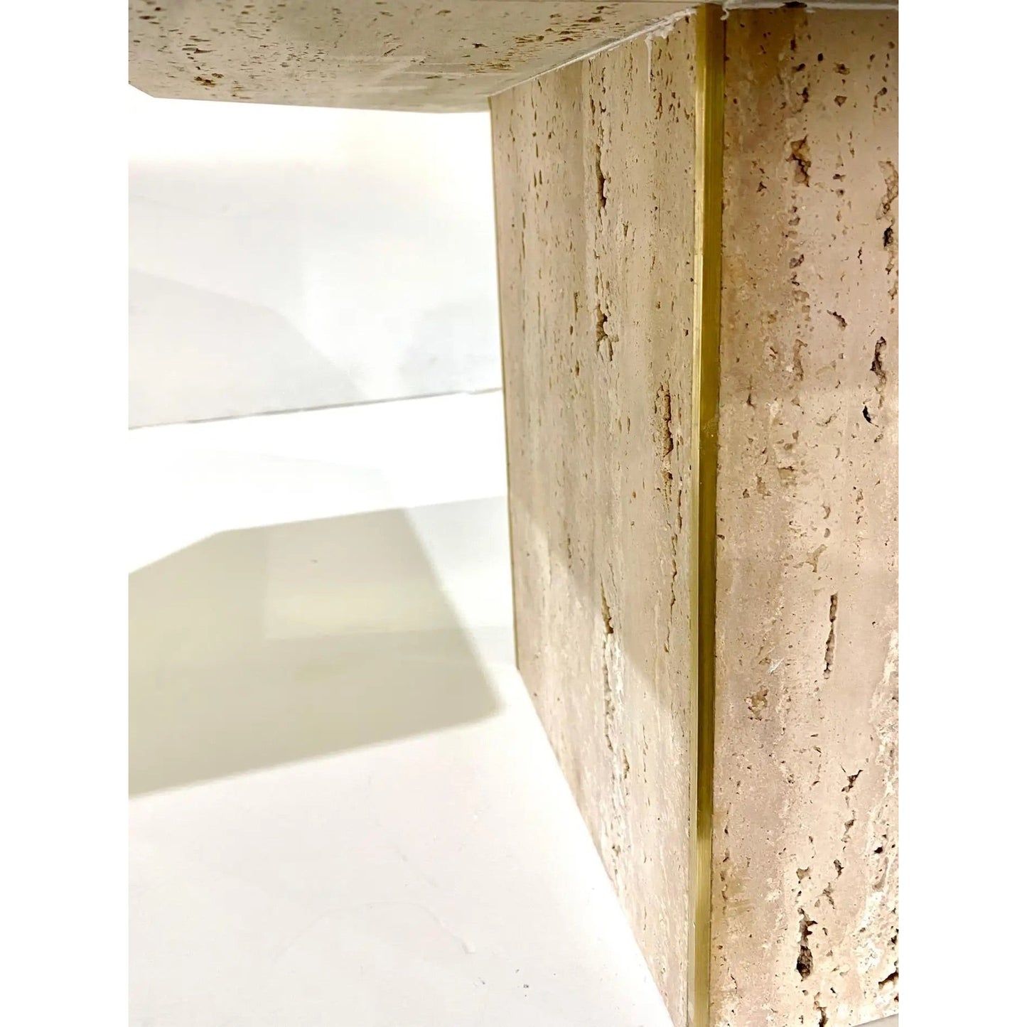 Italian Contemporary Modern Travertine Nesting Tables Set with Brass Insets