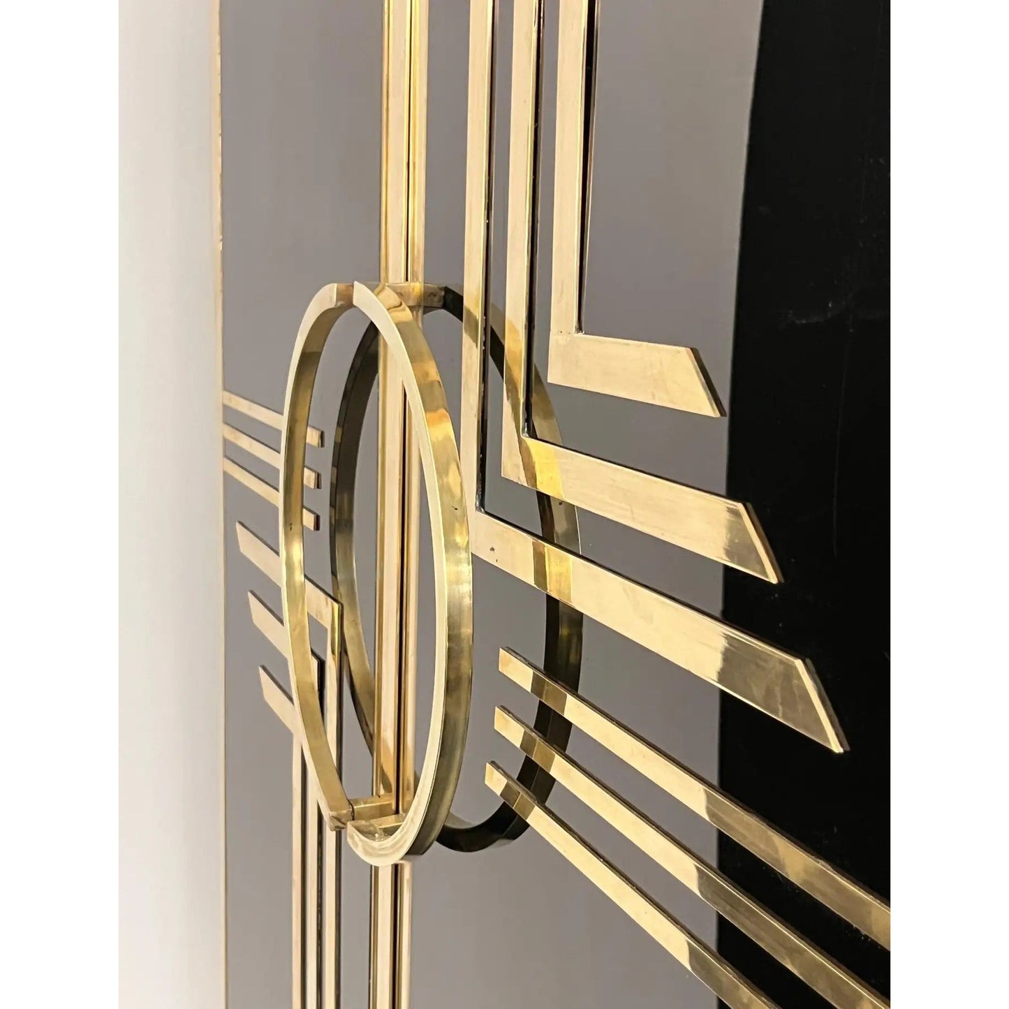 1970s Italian Vintage Art Deco Geometric Gold Brass & Black Glass Tall Cabinet