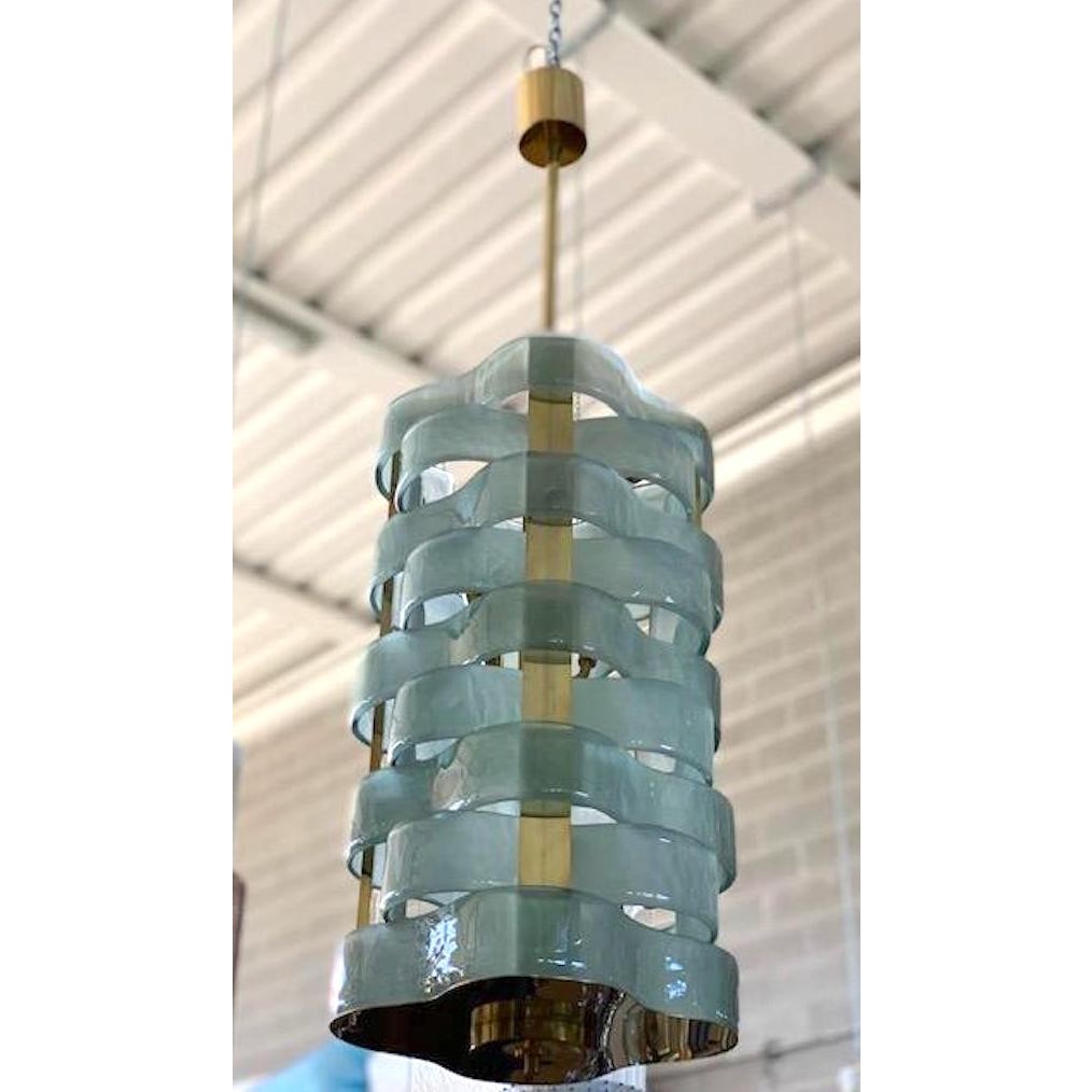 Contemporary Italian Fontana Arte Style Light Blue Murano Glass Brass Pendant