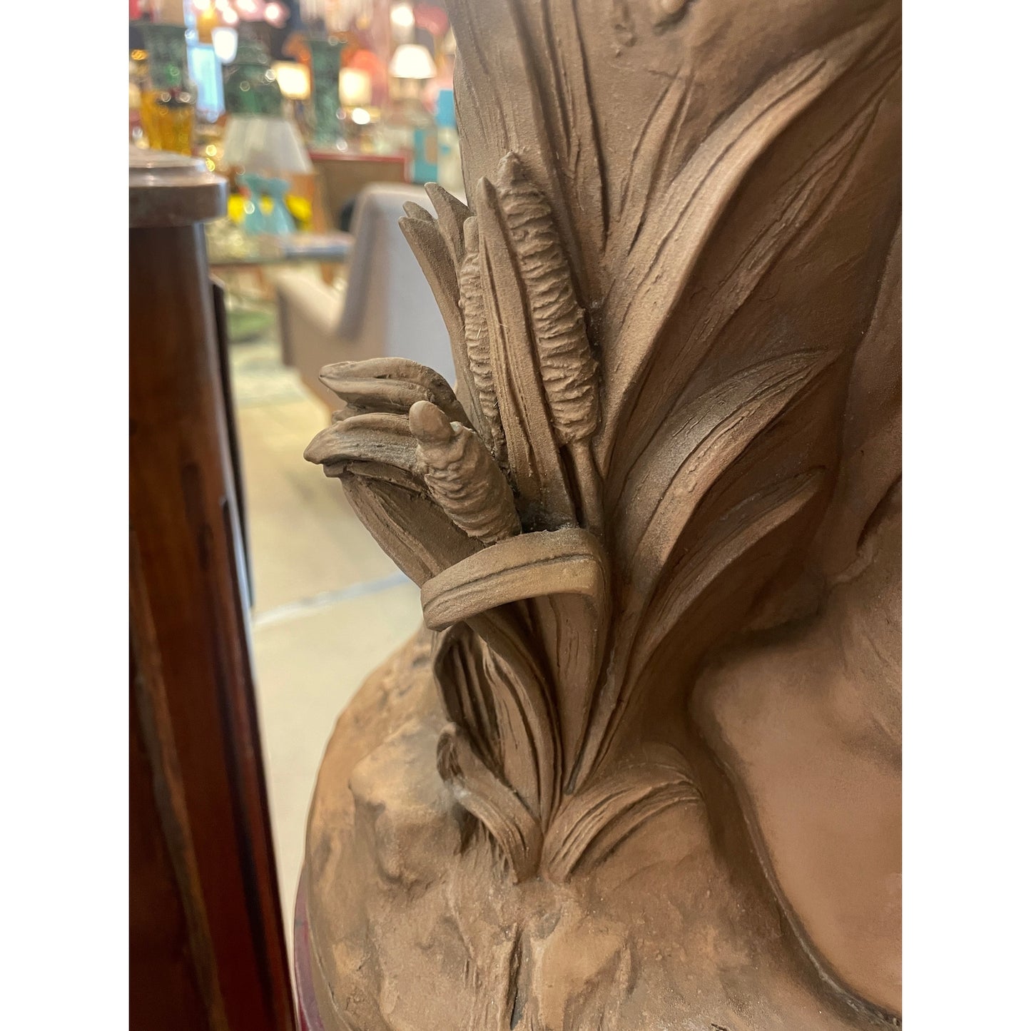 19th C French Antique Signed Taupe Terracotta Sculpture of Woman And Sparrows