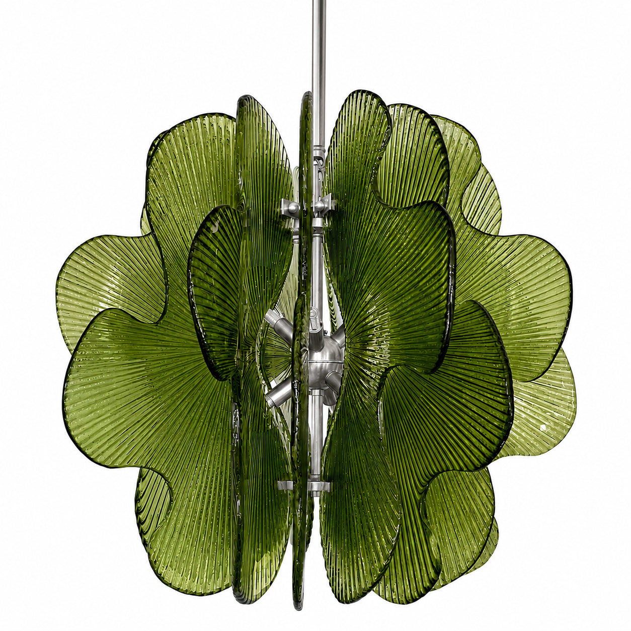Modern Italian Wavy Olive Green Textured Murano Glass Satin Nickel Pendant/Chandelier