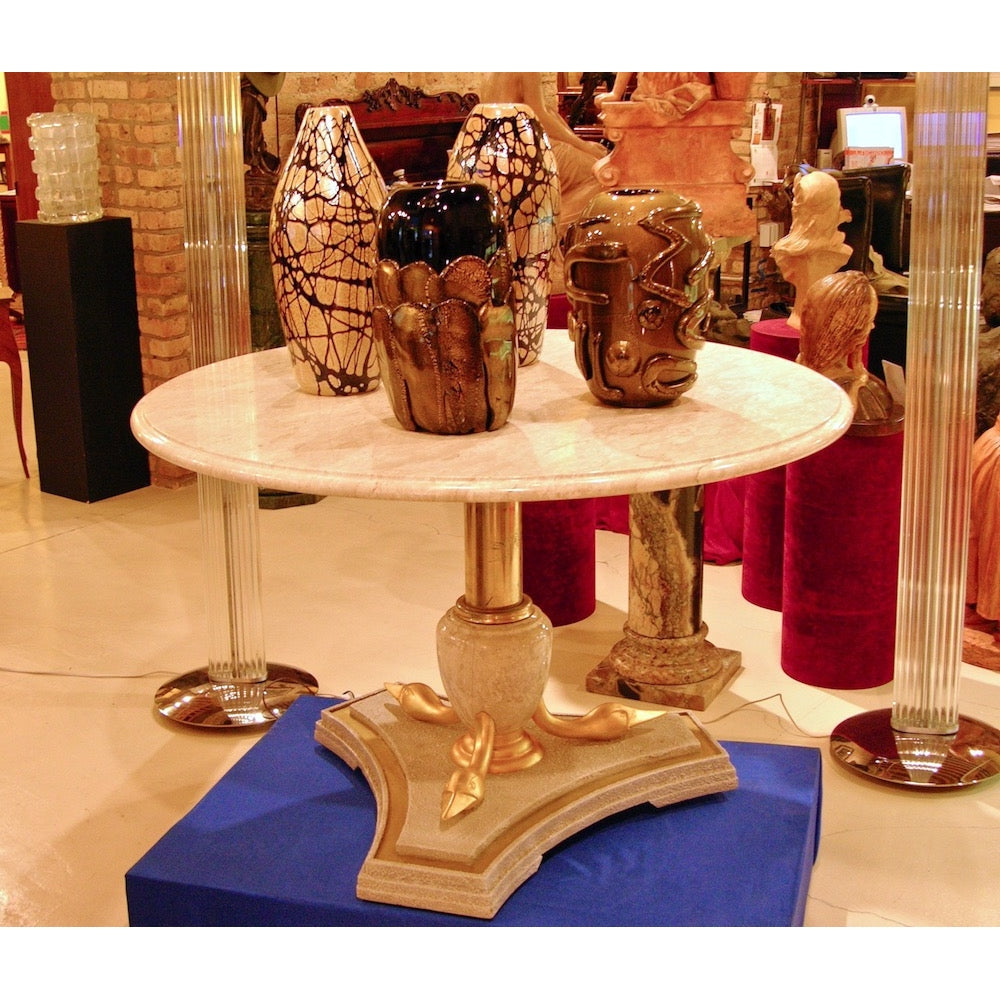 Italian Vintage Neoclassical Hollywood White Marble Center Table Brass Swan Base