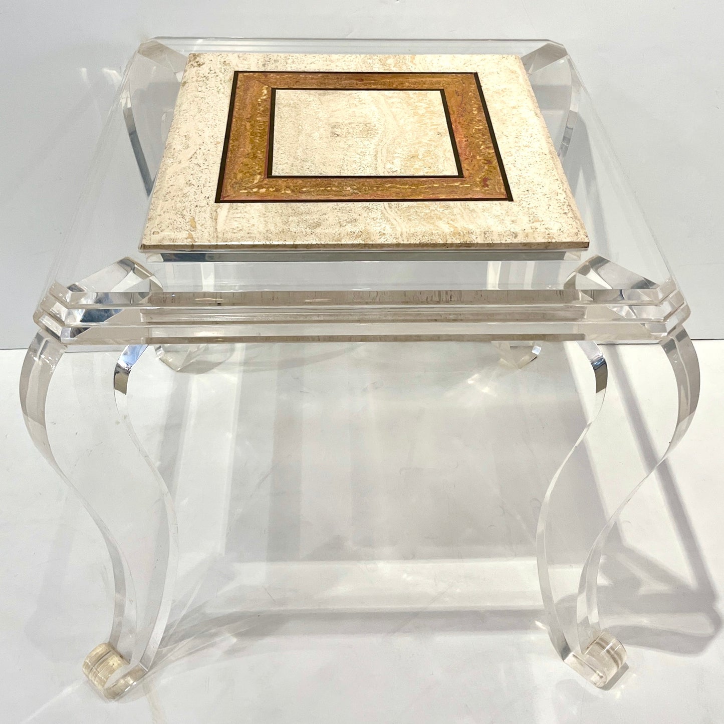 1970s Vintage Italian Lucite Pair of Tables with Encased Travertine & Marble Top