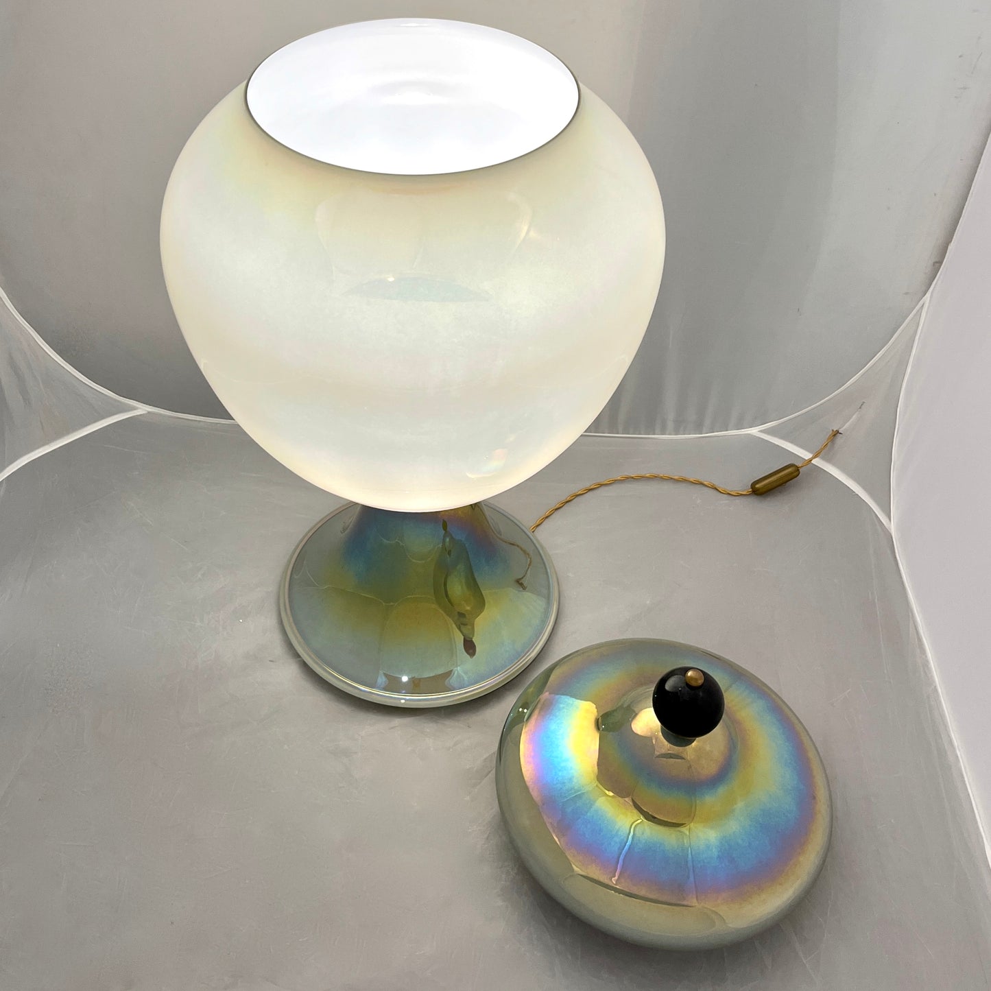 1990s Italian Pair of Tall Iridescent Glass Lamps / Urns Attributed to Seguso