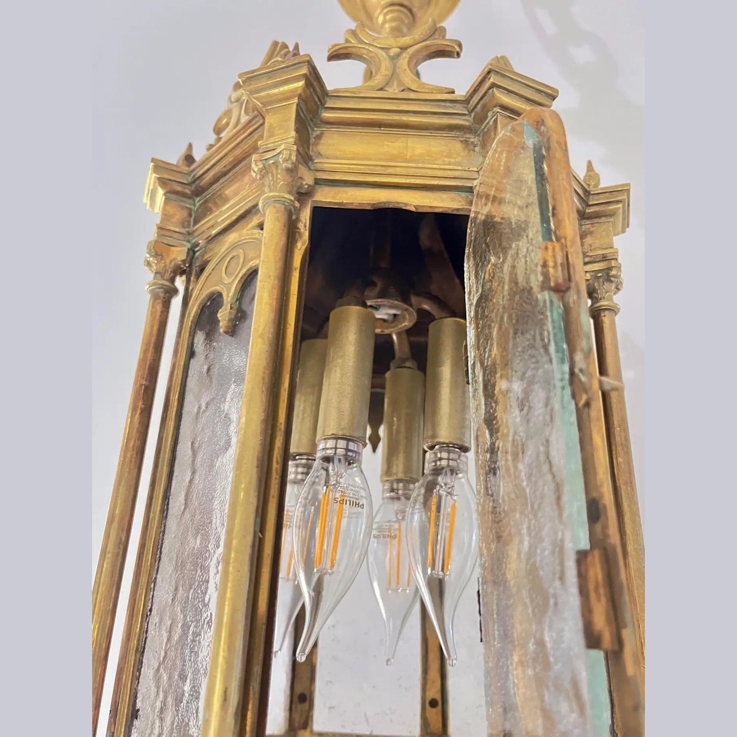 1860 French Antique Gothic Revival Cast Brass Pendant Lantern With Arch Windows