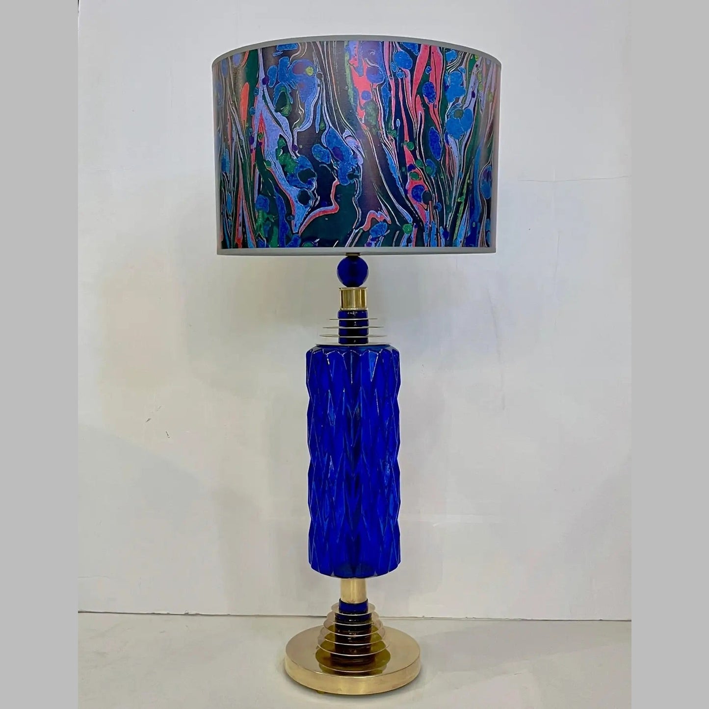 Contemporary Italian Modern Pair of Cobalt Blue Murano Glass Brass Table Lamps