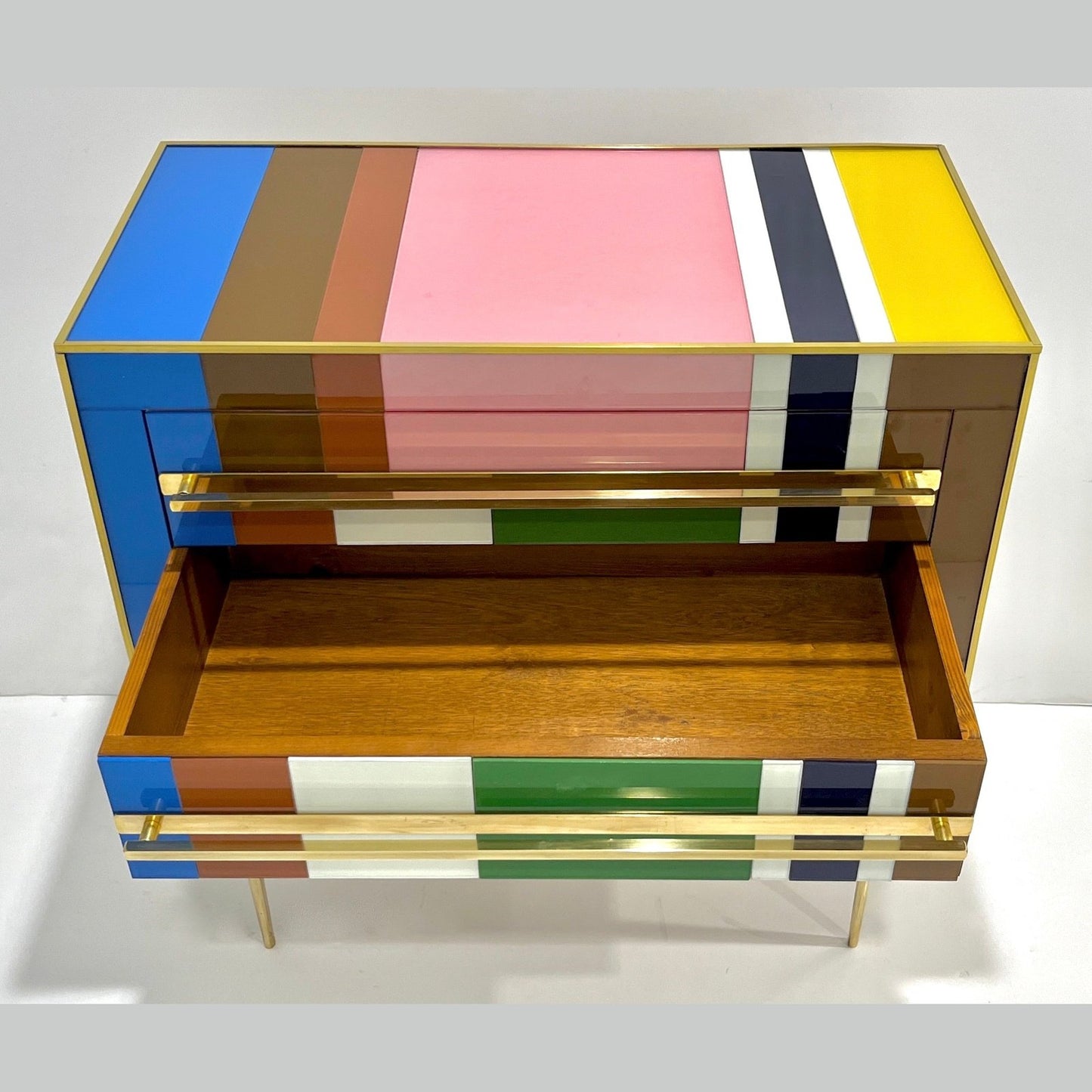 Bespoke Italian Pair of Mondrian Style Blue Green Yellow Chests / End Tables