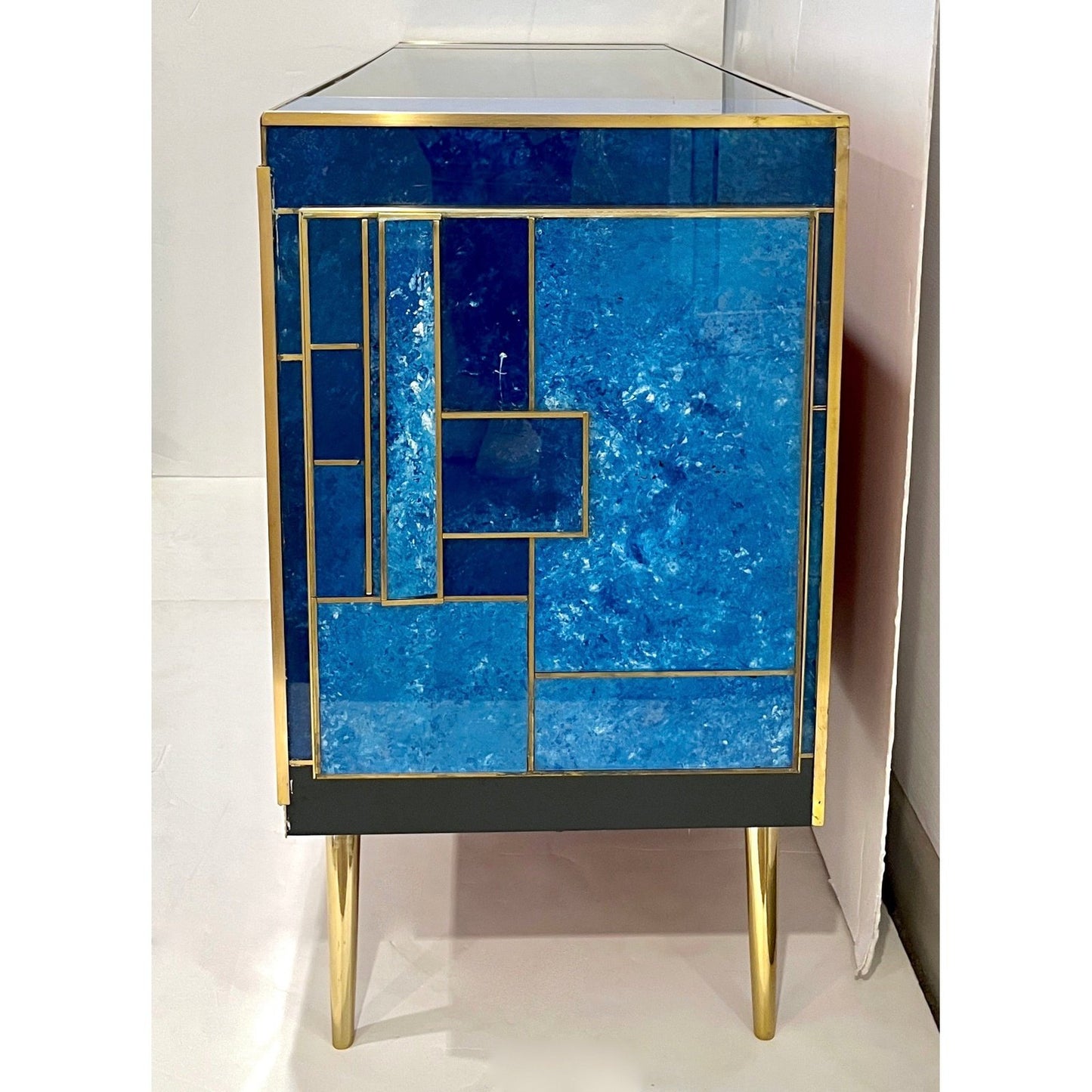 1980s Italian Post Modern Vintage Blue Black Brass 3-Door 3-Drawer Cabinet