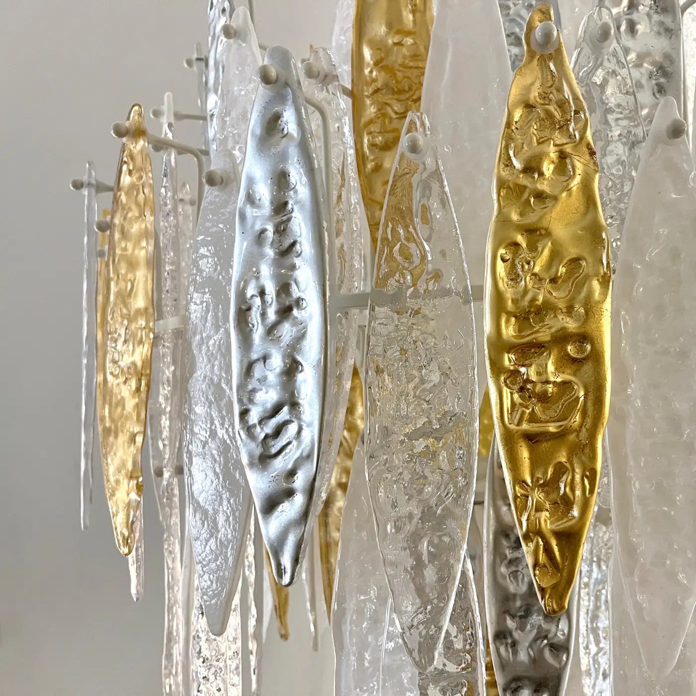 Modern Italian Silver Gold Frosted White Crystal Murano Glass Icicle Chandelier