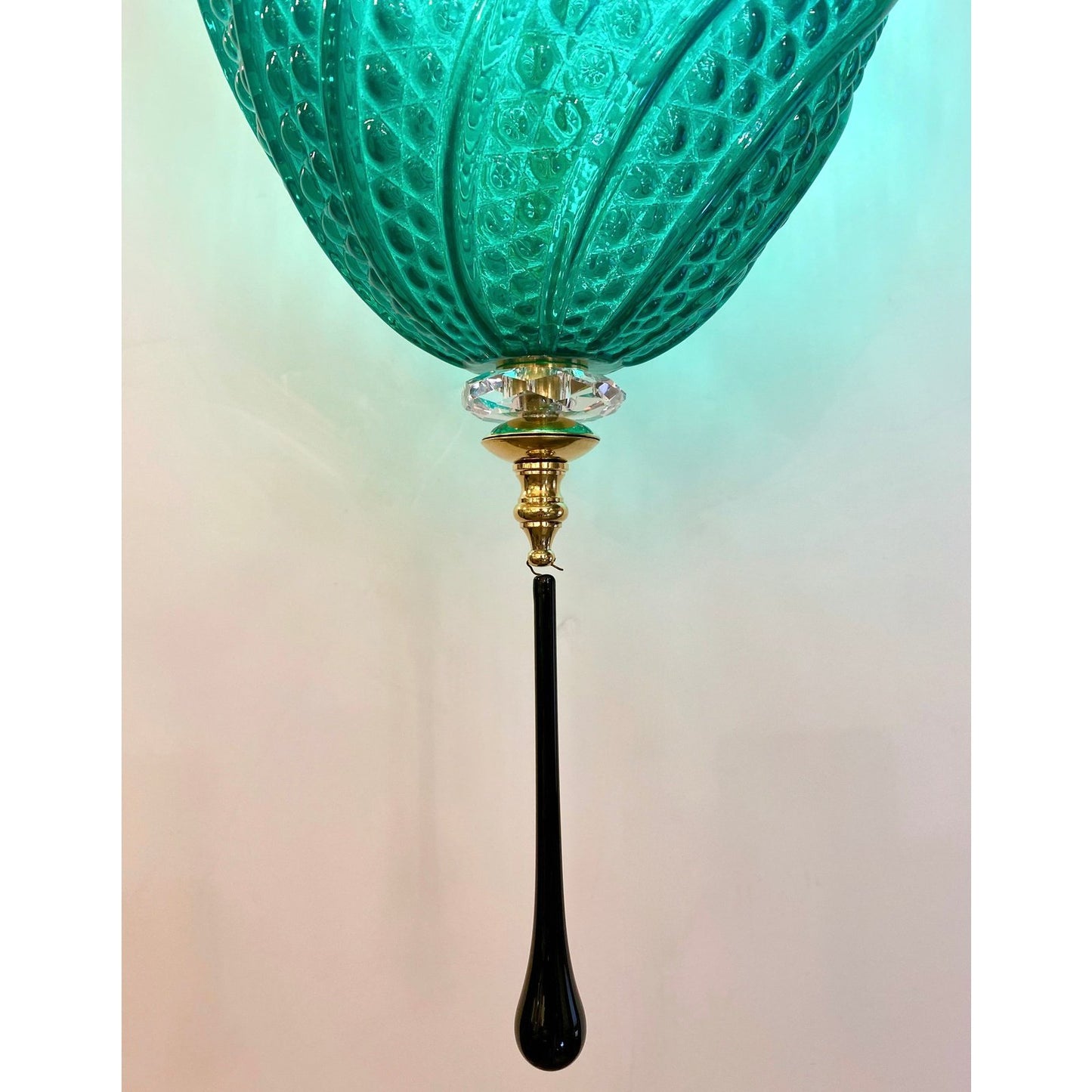 Bespoke Italian Oval Black Crystal Green Murano Glass Brass Egg Pendant Light