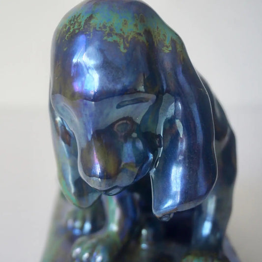French Antique Pottery Art Nouveau Lustre Glaze Blue Green Dog Figure Sculpture