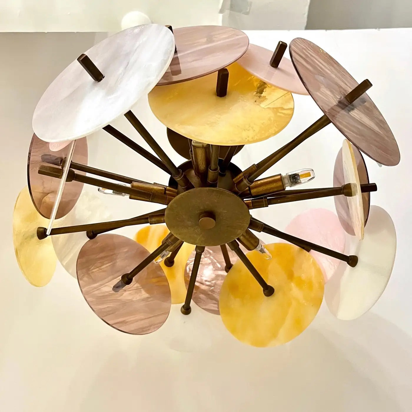 Italian Yellow White Pink Pastel Murano Glass Bronze Circular Sputnik Chandelier