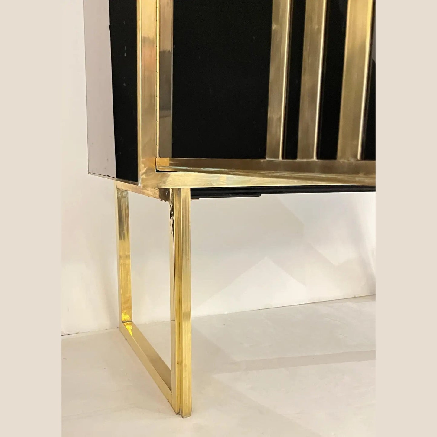 1970s Italian Vintage Art Deco Geometric Gold Brass & Black Glass Tall Cabinet