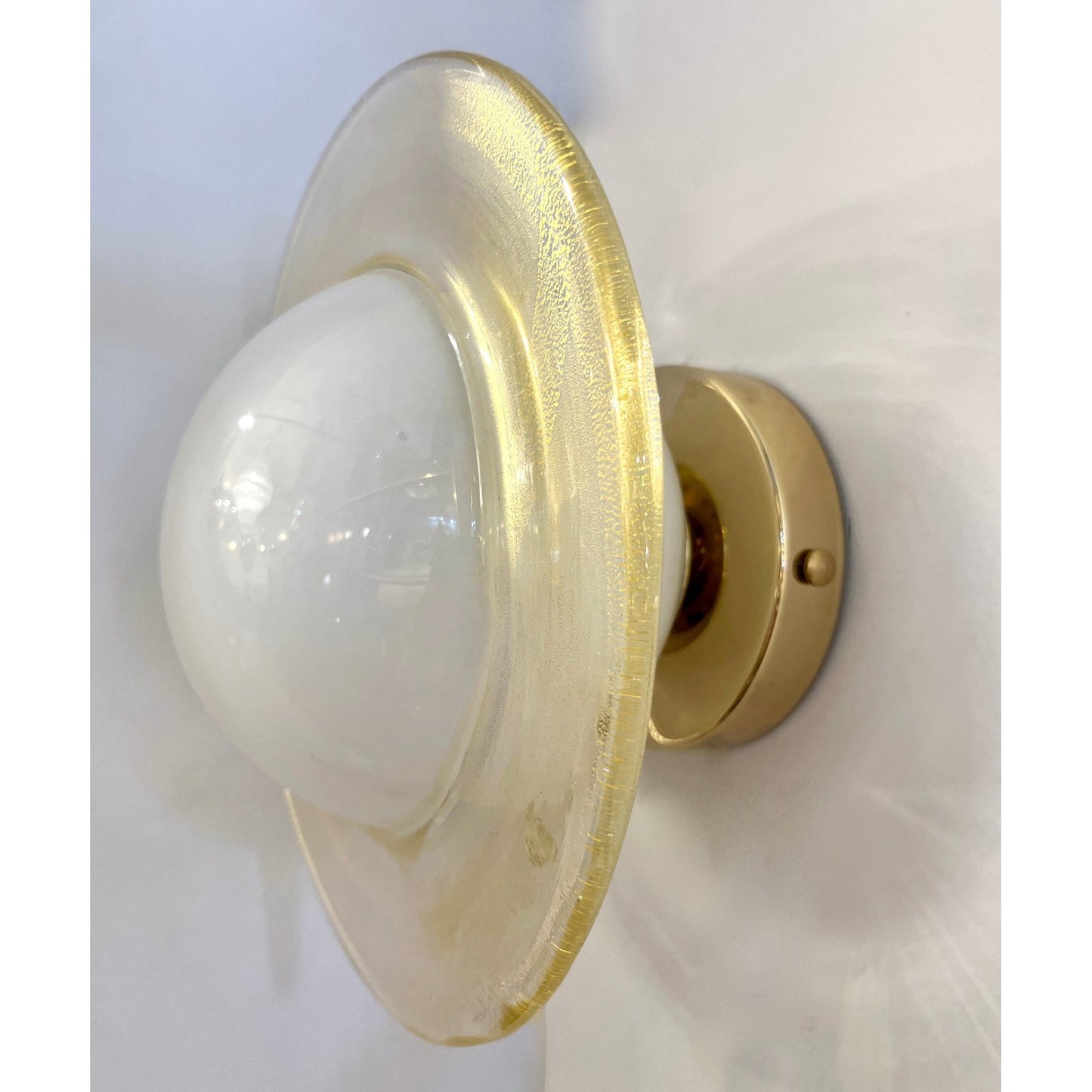 Italian Modern Cream Gold Murano Glass Brass Pair of Round Sconces