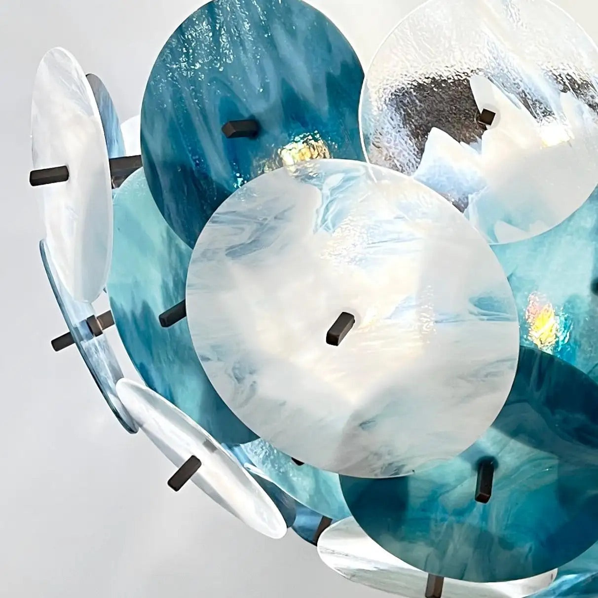 Italian White Teal Turquoise Blue Murano Glass Sputnik Half Dome Chandelier