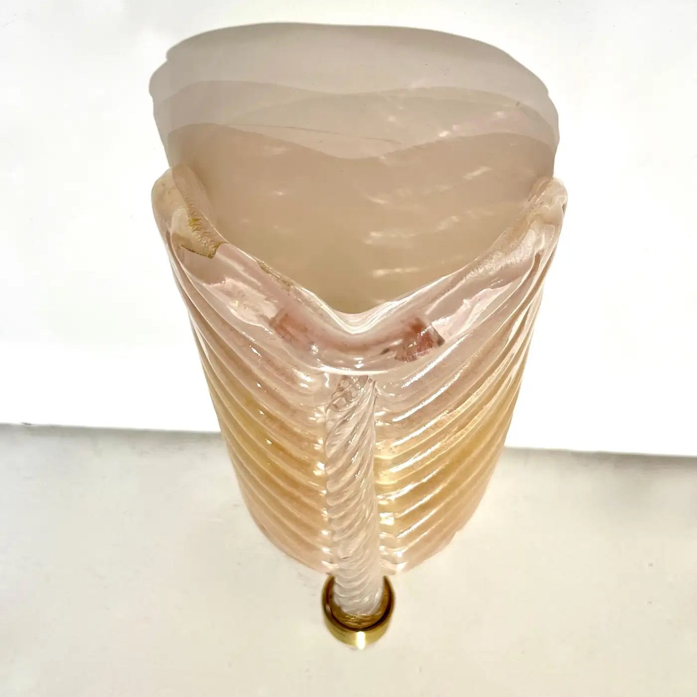 Contemporary Italian Art Deco Pair of Pink Gold Leaf Murano Glass Brass Sconces