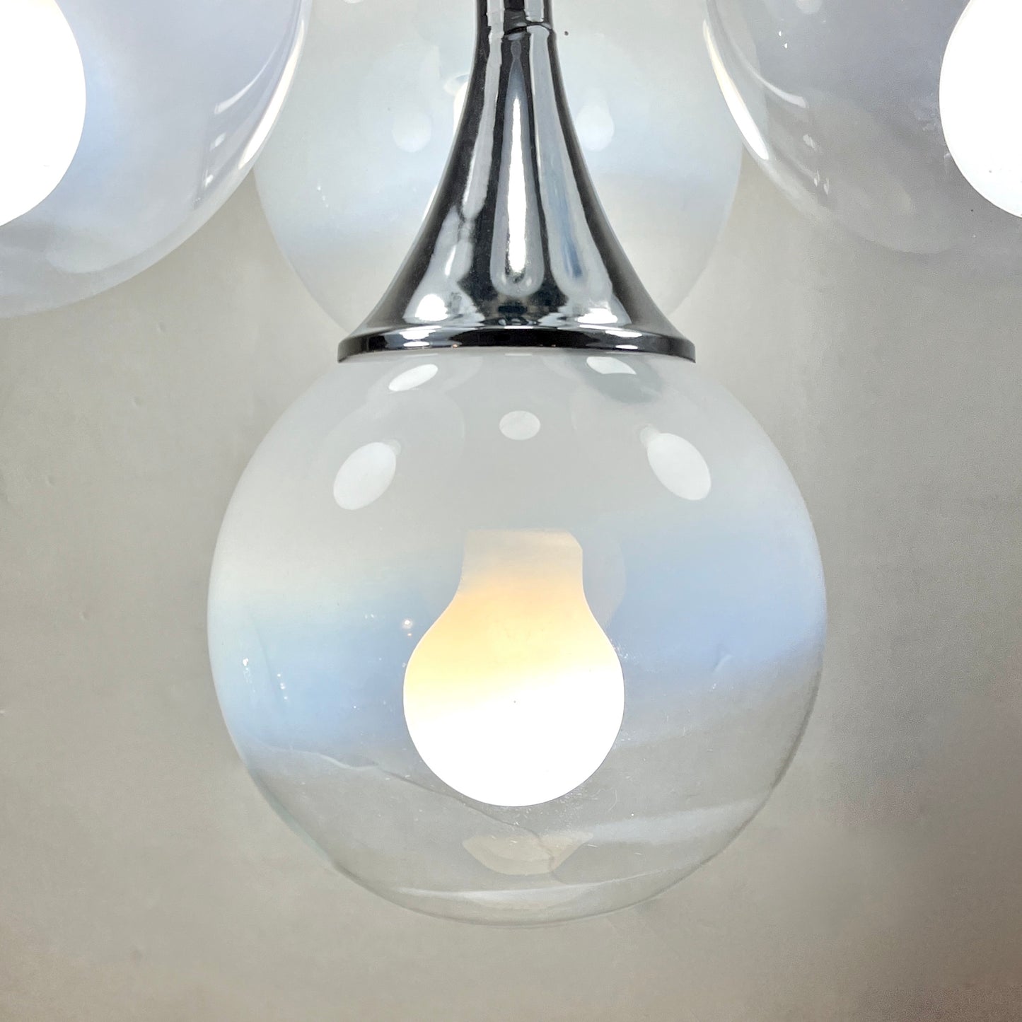 1960 Reggiani Italian Vintage 7 Milk Glass Globe Nickel Flush Pendant/Table Lamp