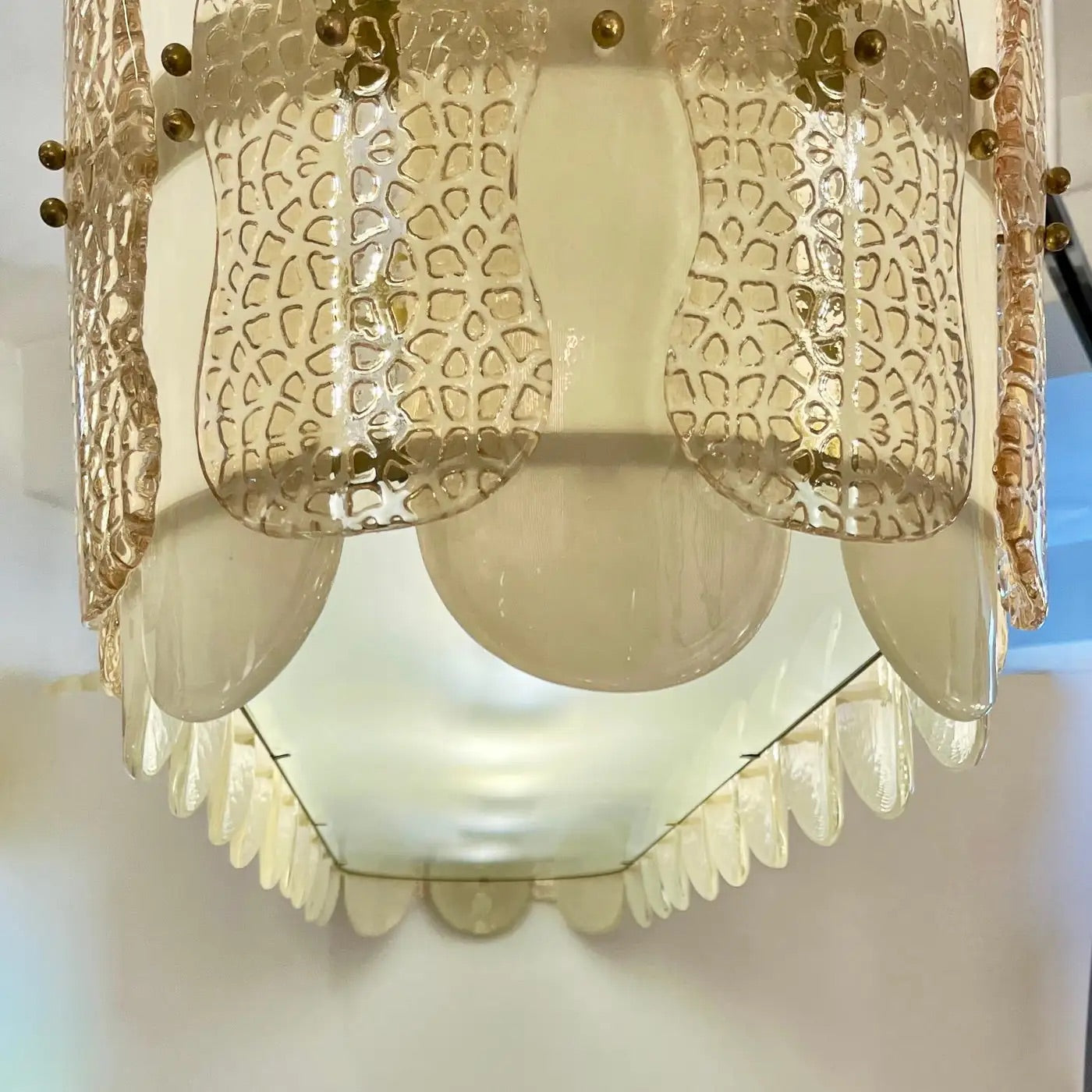 Italian Cream Ivory Crystal Gold Texture Murano Glass Oval Brass Chandelier