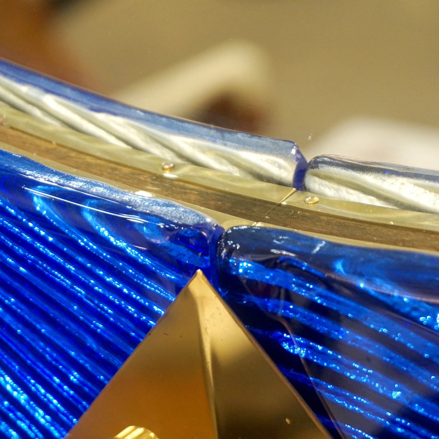 Bespoke Italian Custom Brass & Textured Cobalt Blue Murano Glass Round Mirror