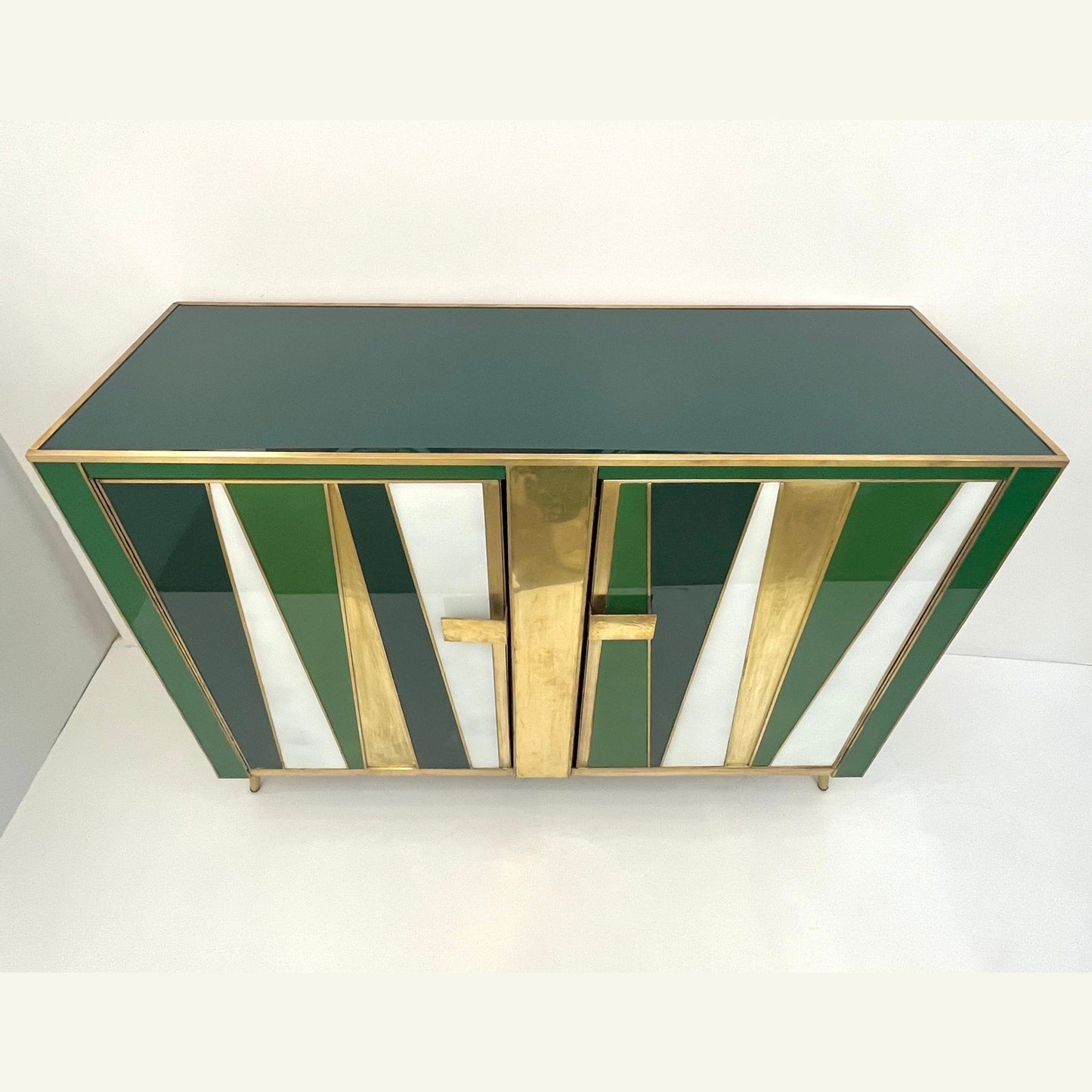 Vintage Italian Post Modern 2-Door Green White Brass Murano Glass Sideboard