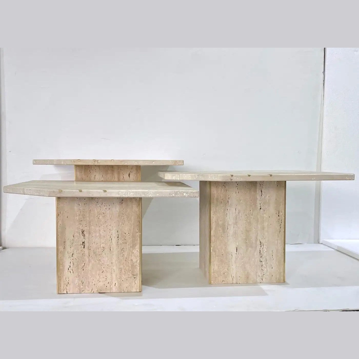 Italian Contemporary Modern Travertine Nesting Tables Set with Brass Insets