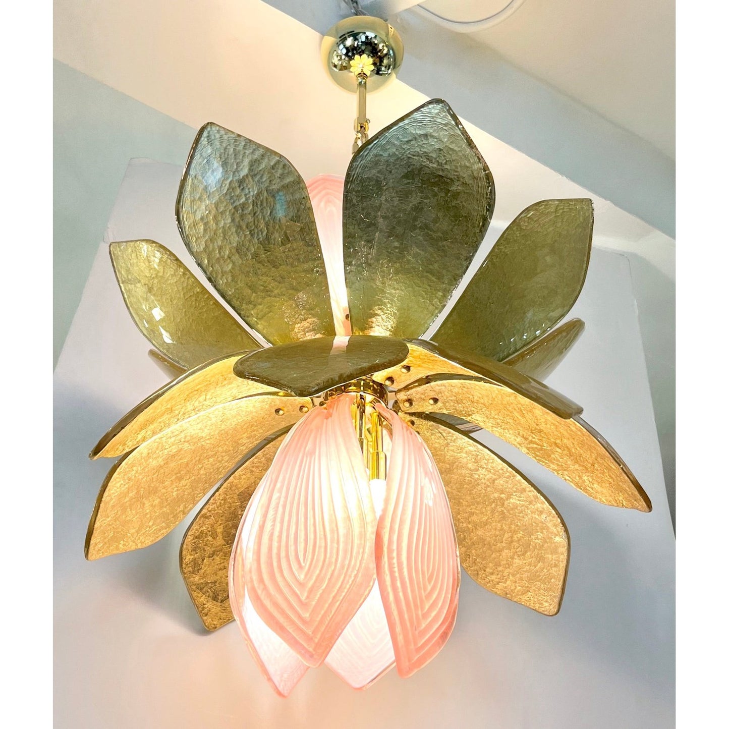 Contemporary Pair of Italian Pink Gold Murano Glass Brass Flower Chandeliers