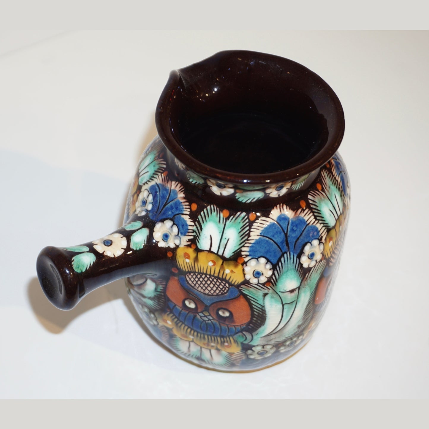 Antique Swiss Arts & Crafts Brown Green Blue White Thoune Enamel Ceramic Jug