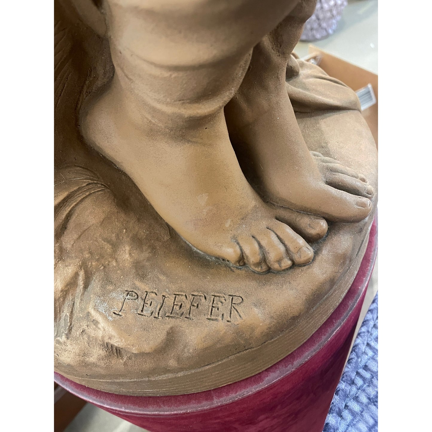 19th C French Antique Signed Taupe Terracotta Sculpture of Woman And Sparrows