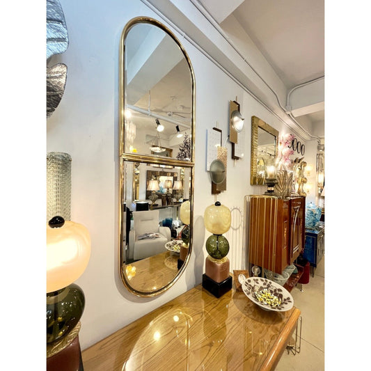 1960s Italian Minimalist Brass Full Floating Mirror with Round Arched Top Frame