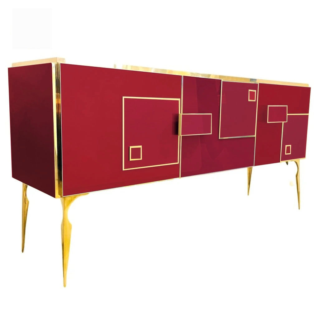 Modern Italian Pink Purple Glass Geometric Postmodern Brass Cabinet Sideboard