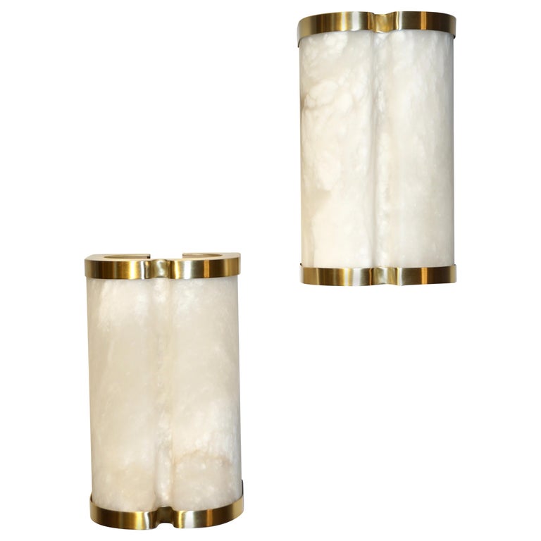 Bespoke Italian Art Deco Style Cream White Alabaster Pair of Brass Edged Sconces