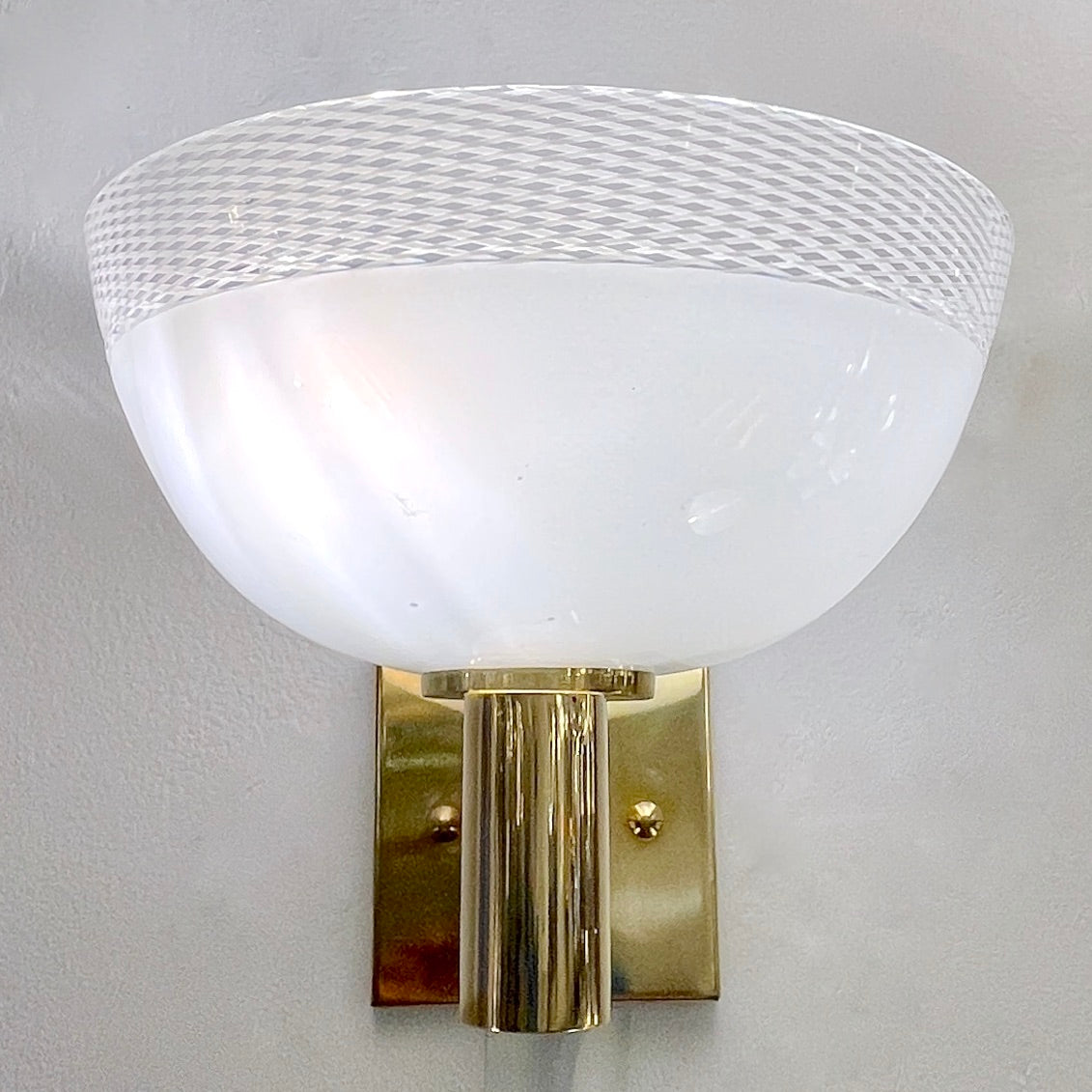 Venini 1960s Italian Art Deco Design White Murano Glass Bowl Brass Wall Lights