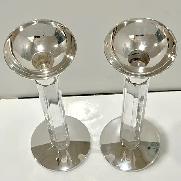 1970s Mid Century Modern French Pair of Crystal & Chrome Faceted Candle Holders