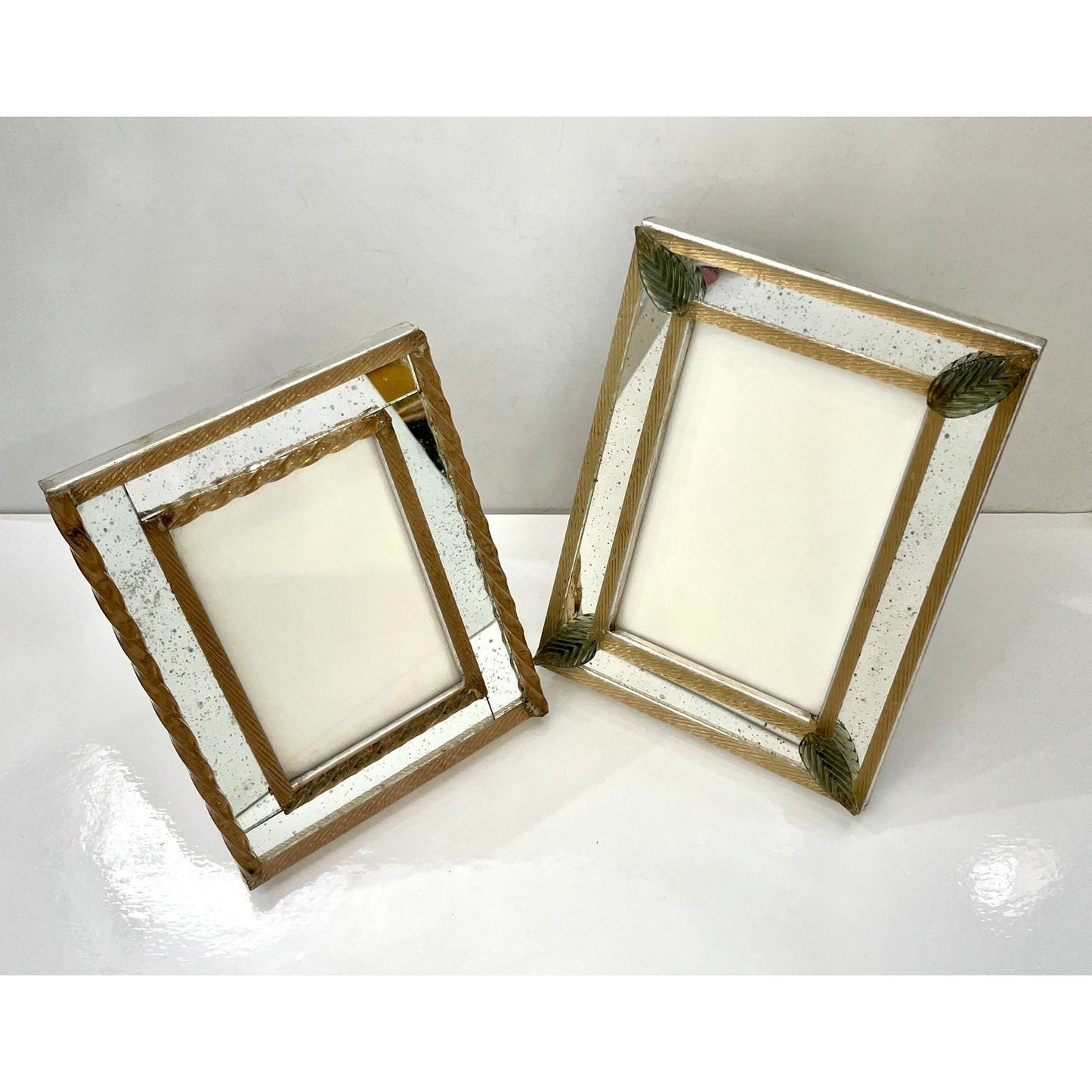 1960s Italian Vintage Mirror Photo Frame Green Leaves & Gold Murano Glass Decor