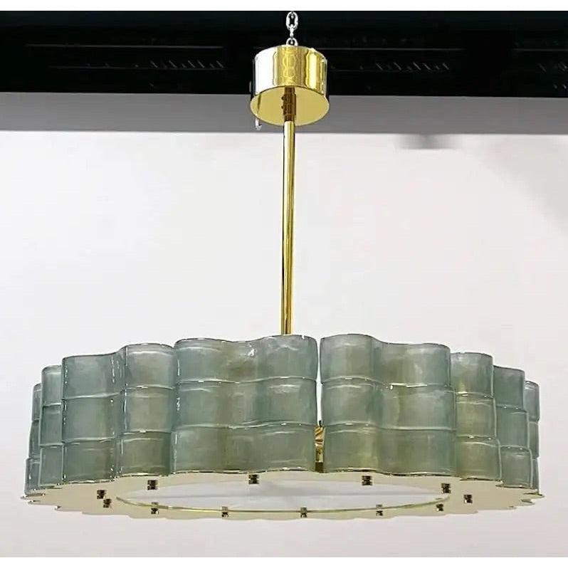 Contemporary Italian Fontana Arte Style Light Blue Murano Glass Brass Pendant