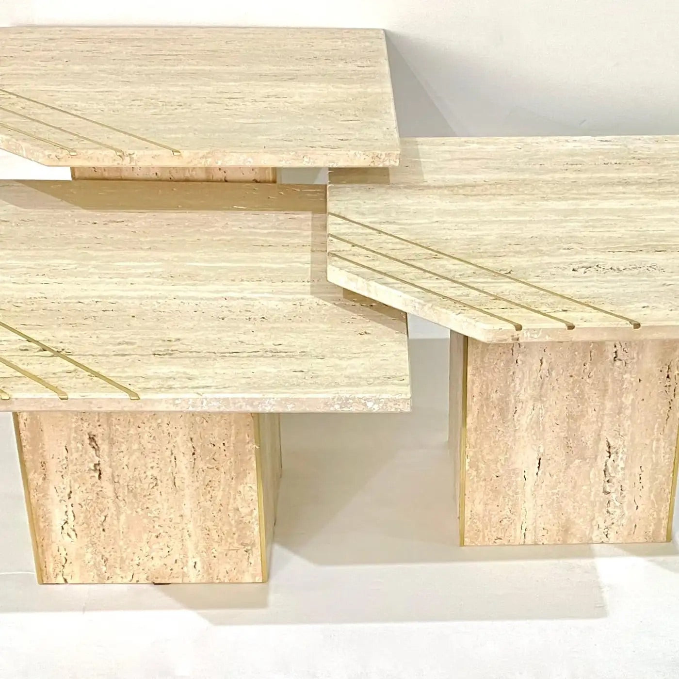 Italian Contemporary Modern Travertine Nesting Tables Set with Brass Insets