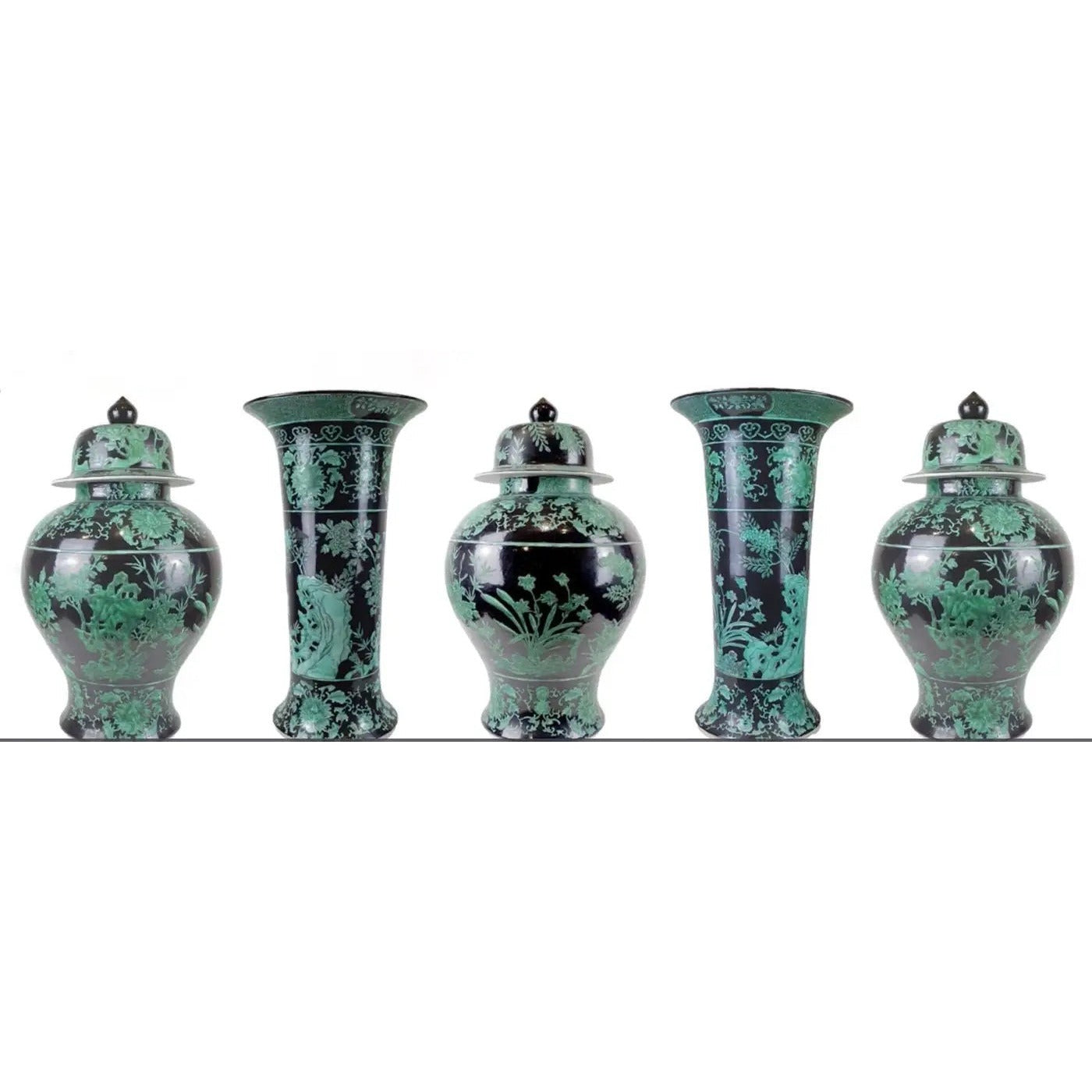 Set 3 Mid-20th Century Chinese Export Black Green Tall Baluster Jars with Cover