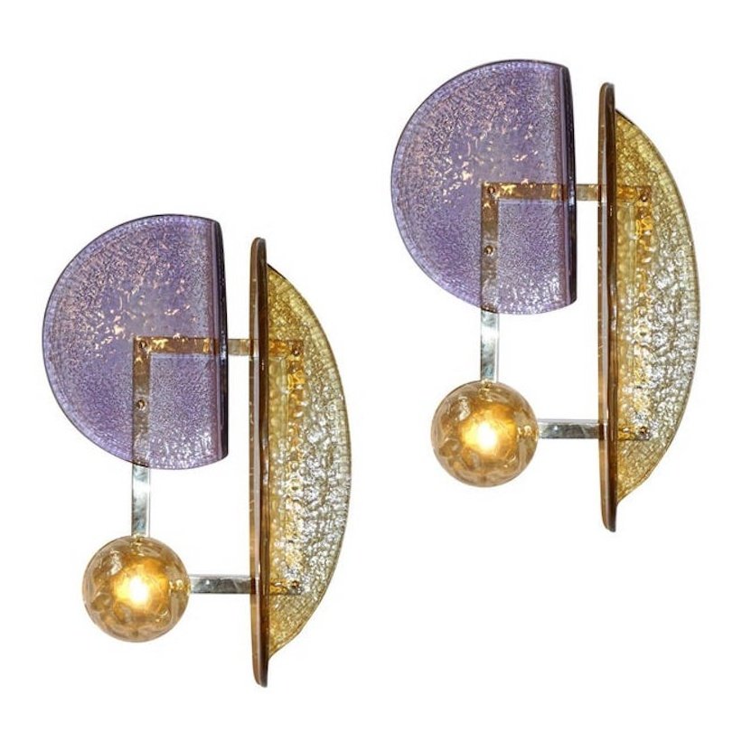 Contemporary Italian Pair of Organic Pink Amber Murano Glass Gold Brass Sconces
