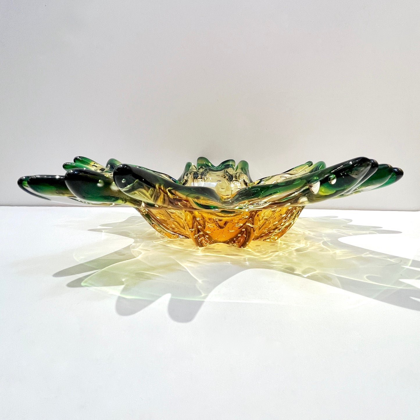 1970s Vintage Italian Green & Amber Murano Glass Star Shaped Bowl /Vide-Poche